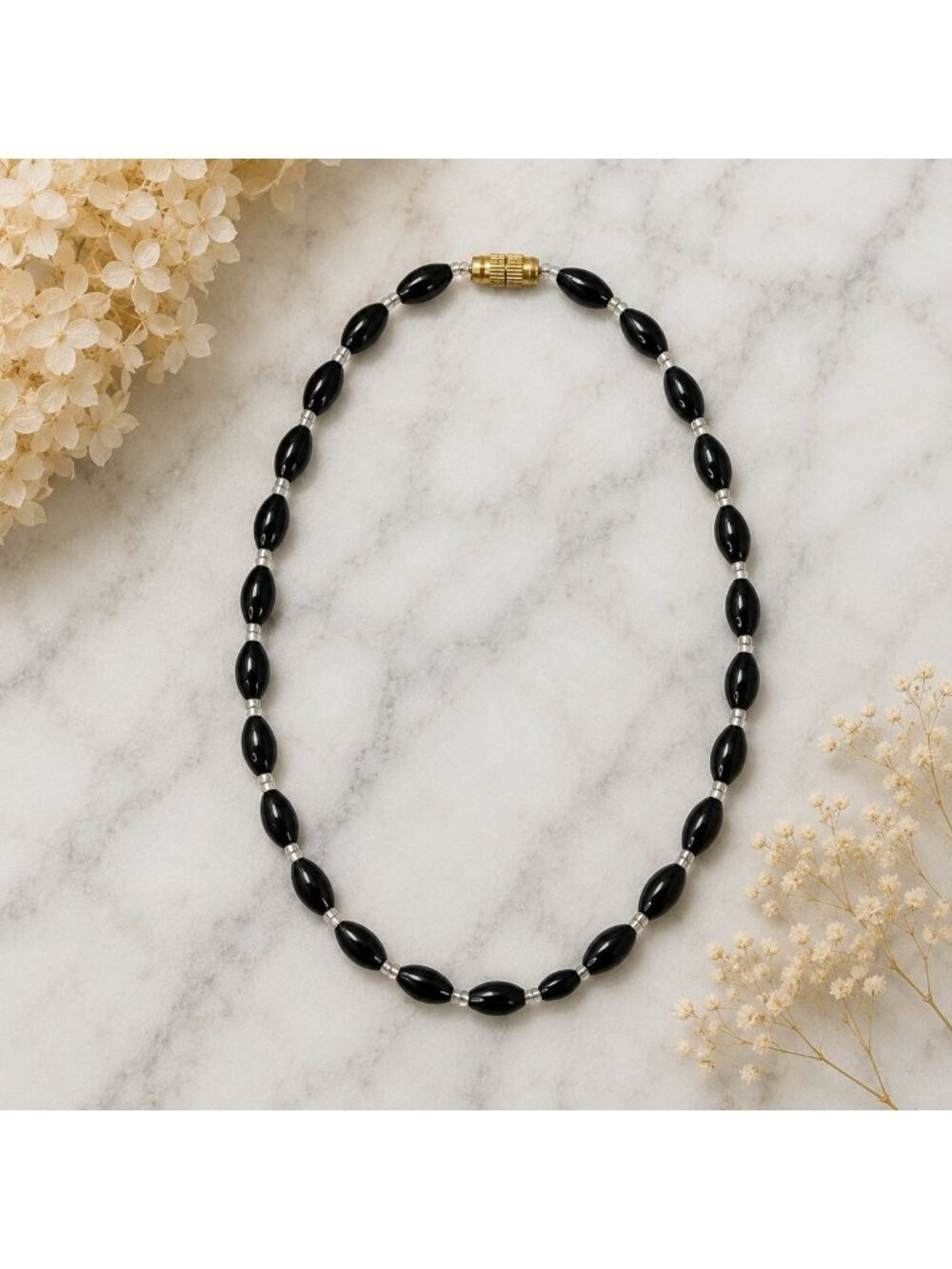 Vintage 1960s Black Glass Bead Necklace Made in India New Old Stock Never Worn